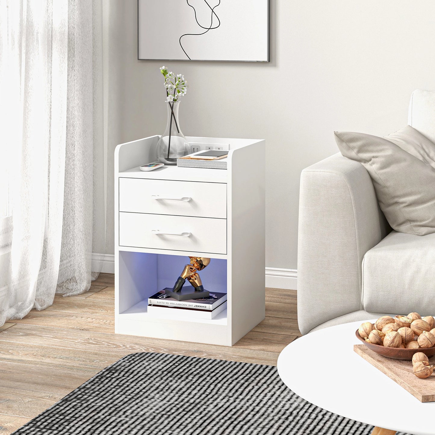 Tall Nightstand with Charging Station and LED Lights, Small Bedside Table with AC Outlets, USB Ports, 2 Drawers, Shelf Bedside Tables at Gallery Canada