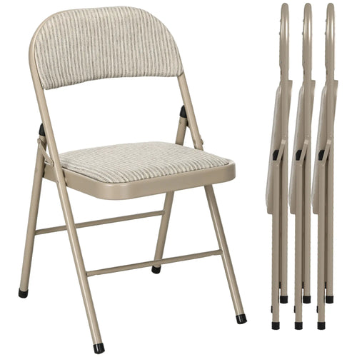 Set of 4 Metal Foldable Chairs, Linen Padded with Cushion Seat, Beige