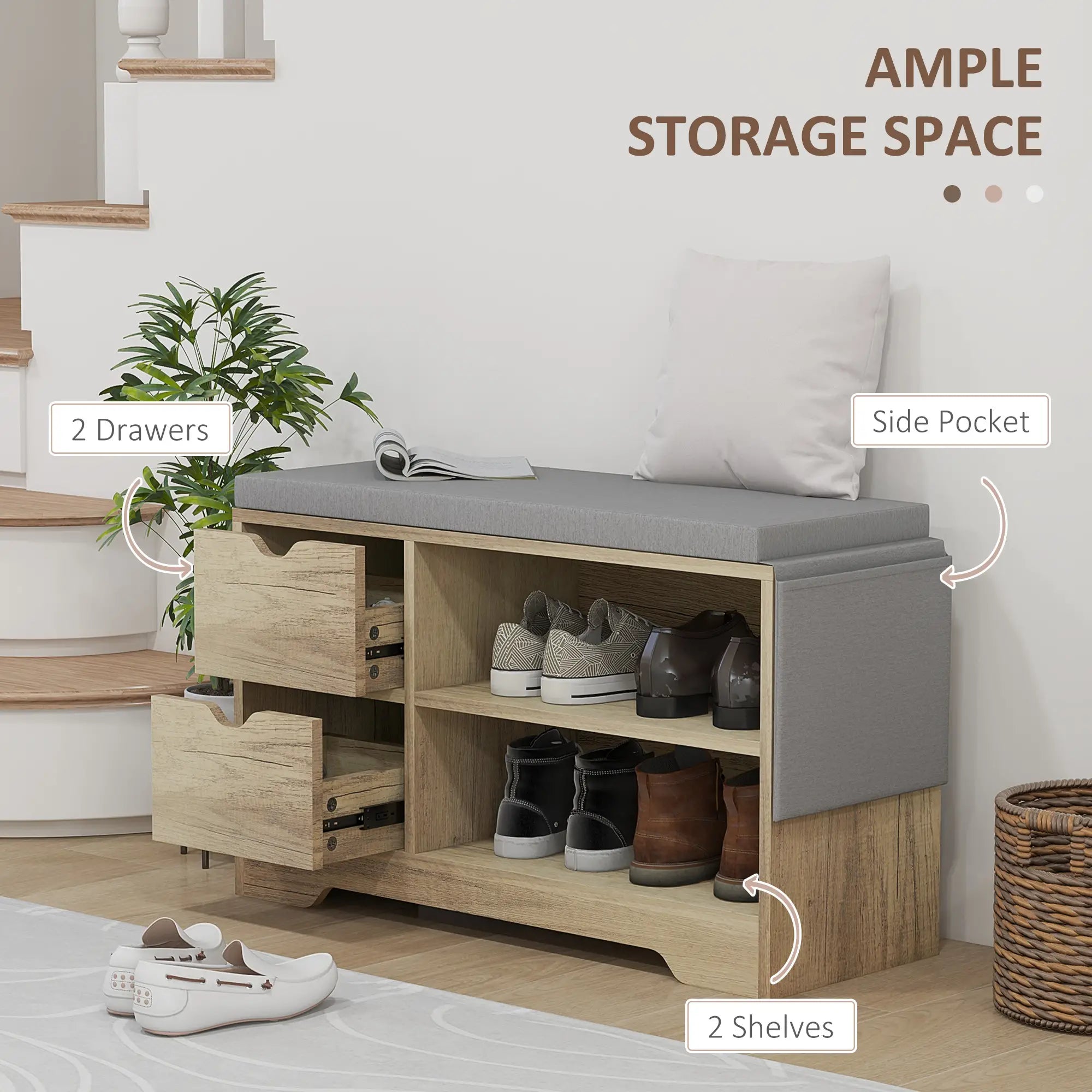 Upholstered Shoe Storage Bench With Seat, Drawer, Open Shelves, Grey Shoe Storage Cabinets & Racks at Gallery Canada