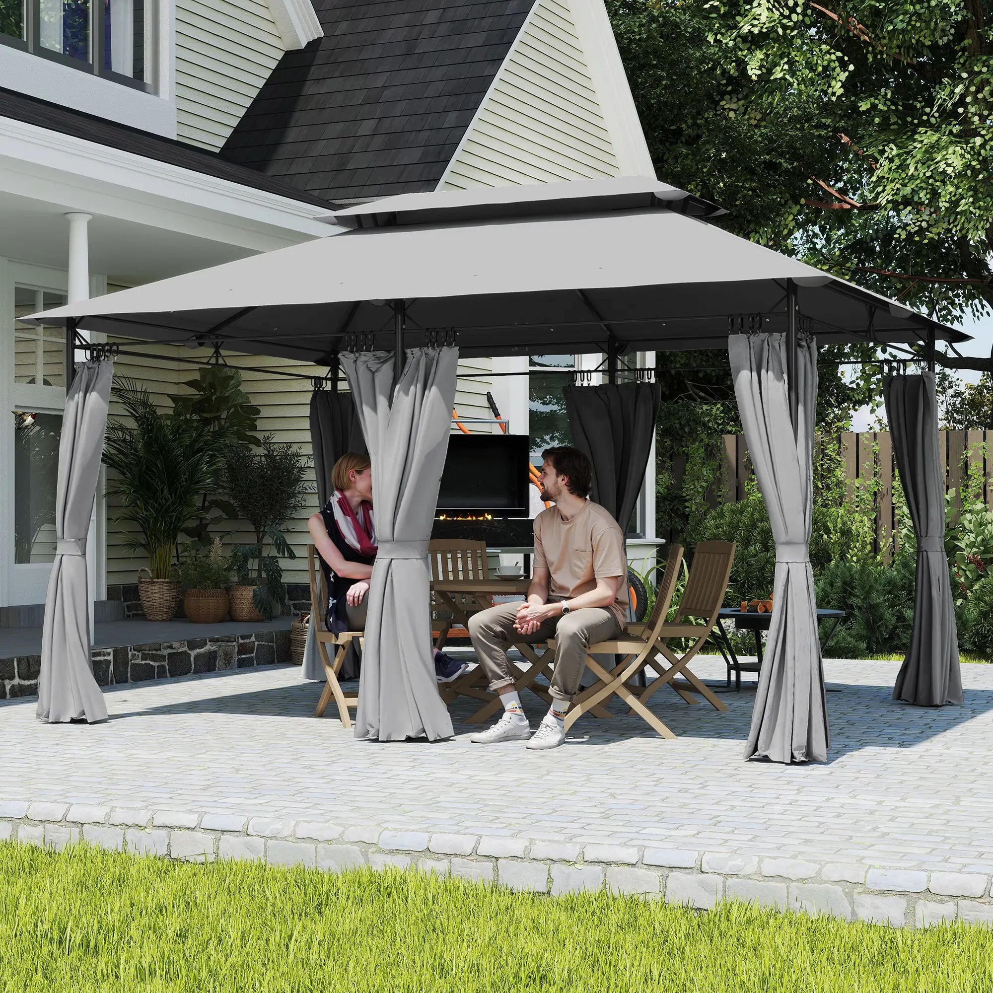 10' x 13' Double Roof Patio Gazebo, Outdoor with Curtains, Dark Grey Gazebos at Gallery Canada