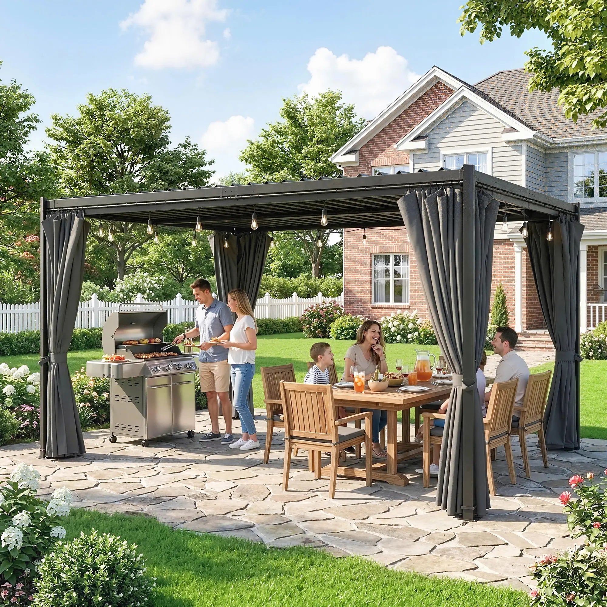 10 x 13 Ft Louvered Pergola With Steel Roof, Curtains, Grey Pergolas at Gallery Canada