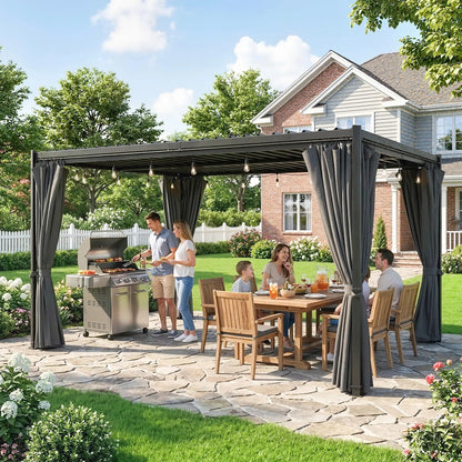 10 x 13 Ft Louvered Pergola With Steel Roof, Curtains, Grey Pergolas at Gallery Canada