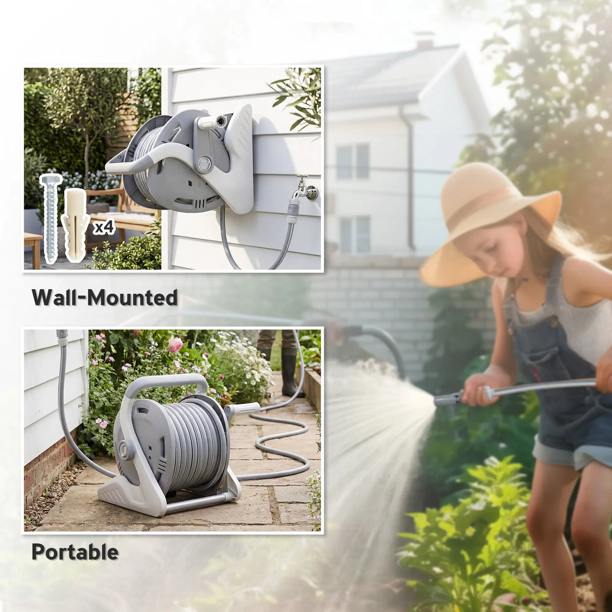Portable Garden Hose Reel, 1/2" x 66ft Wall Mounted, Grey Garden Accessories at Gallery Canada