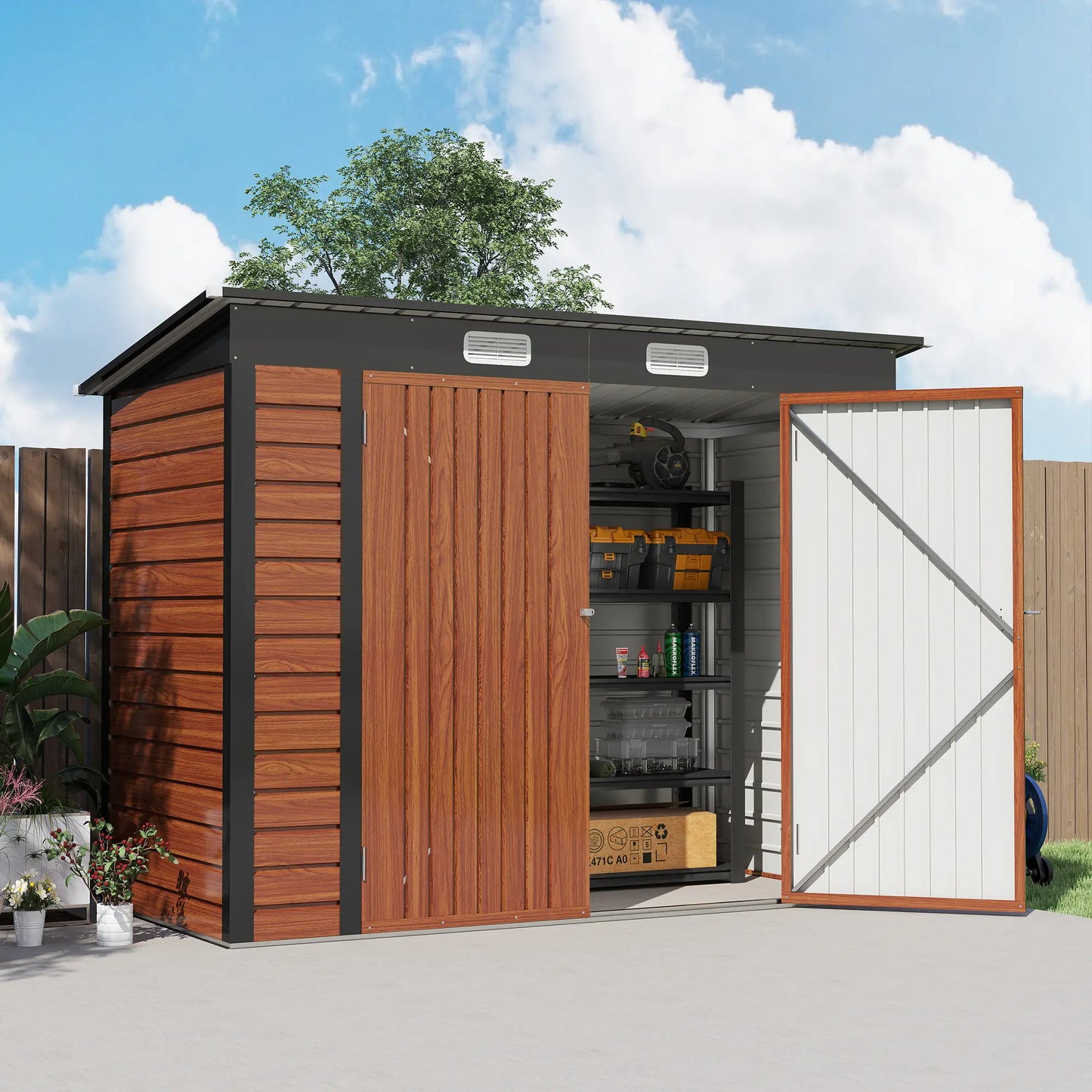 8 x 4FT Galvanized Metal Garden Storage Shed, Double Doors, 2 Vents, Teak