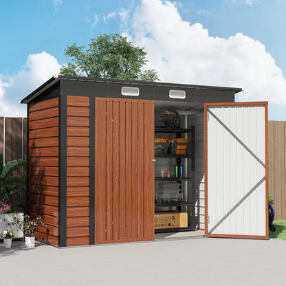 8 x 4FT Galvanized Metal Garden Storage Shed, Double Doors, 2 Vents, Teak