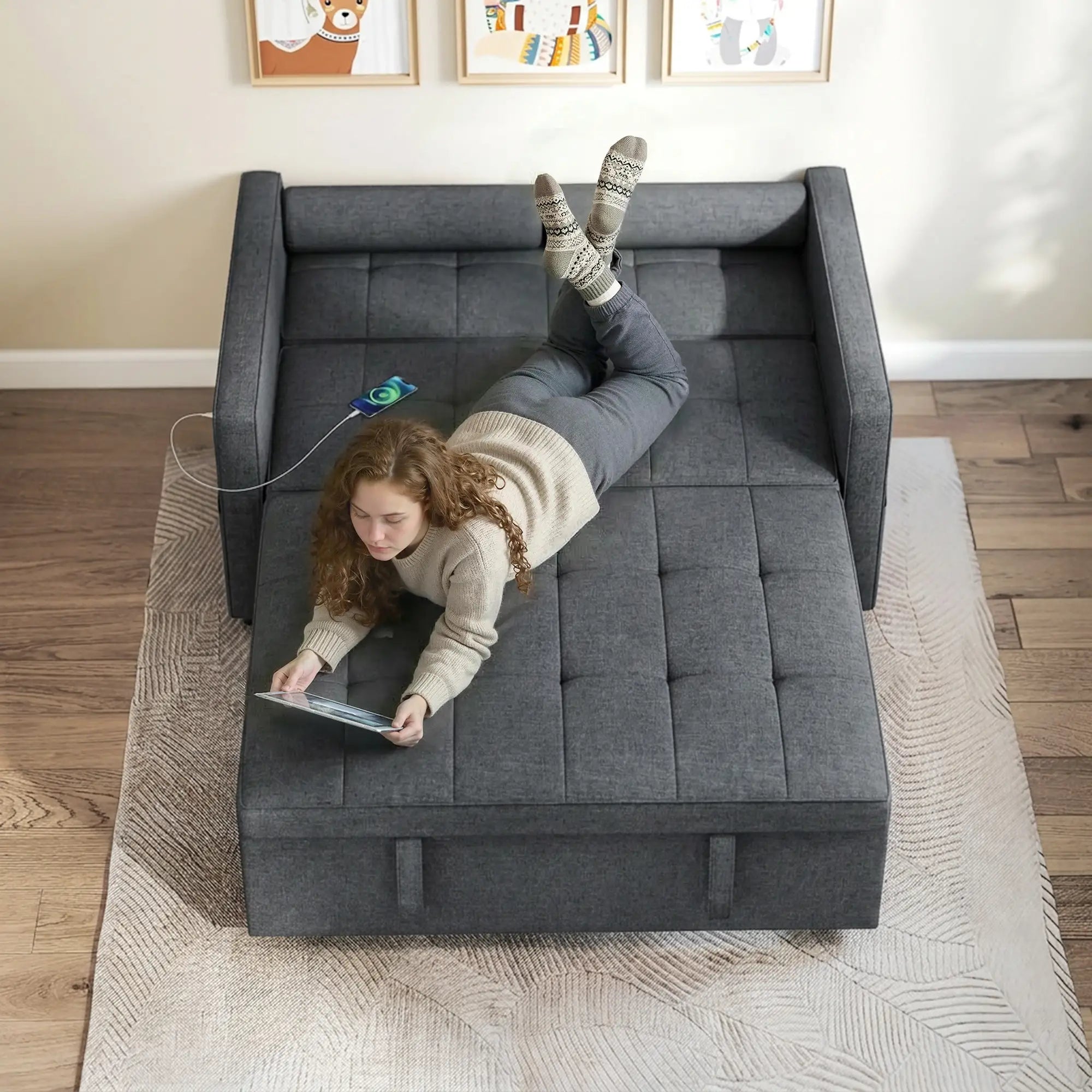 Pull Out Sofa Bed With USB Ports, Linen Loveseat Futon, Dark Grey 2-Seater Sofas at Gallery Canada