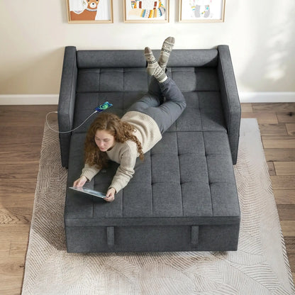 Pull Out Sofa Bed With USB Ports, Linen Loveseat Futon, Dark Grey 2-Seater Sofas at Gallery Canada