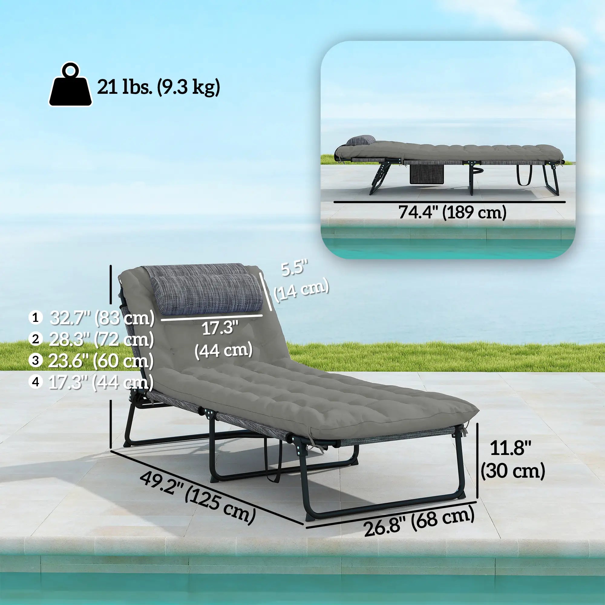 Folding Lounge Chair, 4-Level Reclining Back, Cushion, Grey Lounger Chairs at Gallery Canada