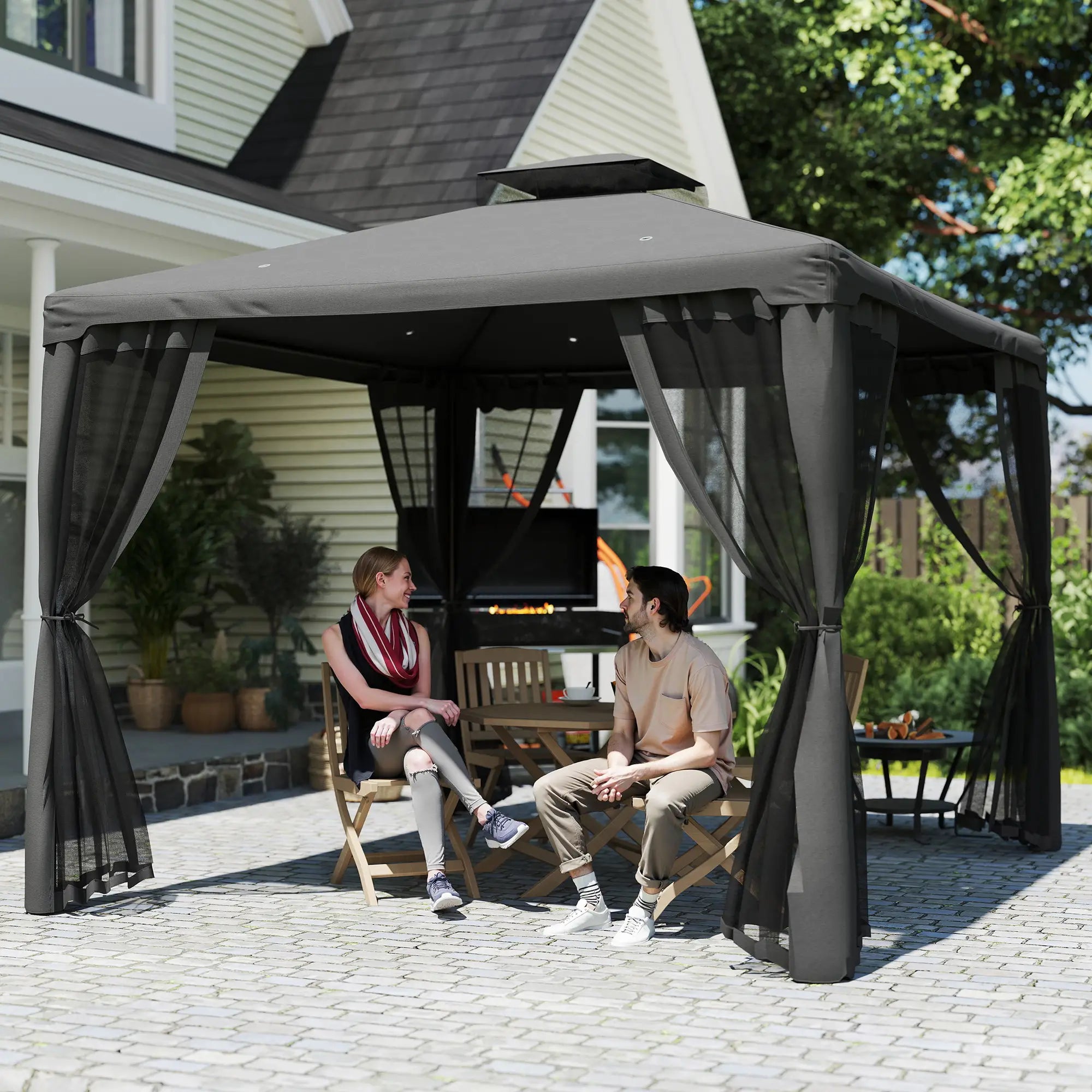 9.6' x 9.6' Gazebo, Steel Frame With Mosquito Netting, Dark Grey Gazebos at Gallery Canada
