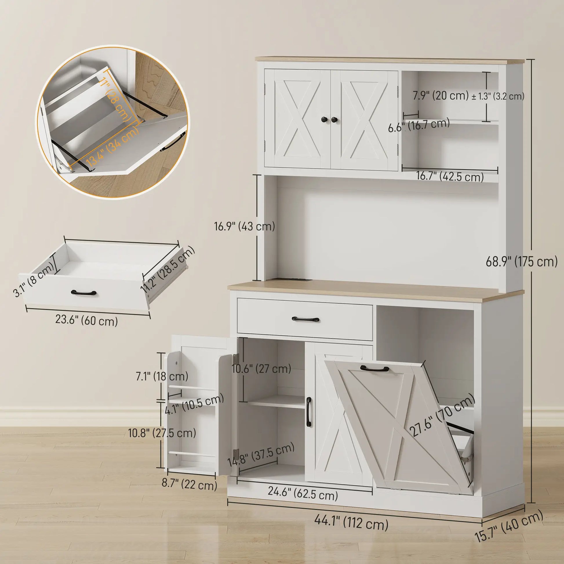 69 Inch Pantry Cabinet with Charging Station, Microwave Stand, Tilt Out Trash Can, White Kitchen Pantry Cabinets at Gallery Canada