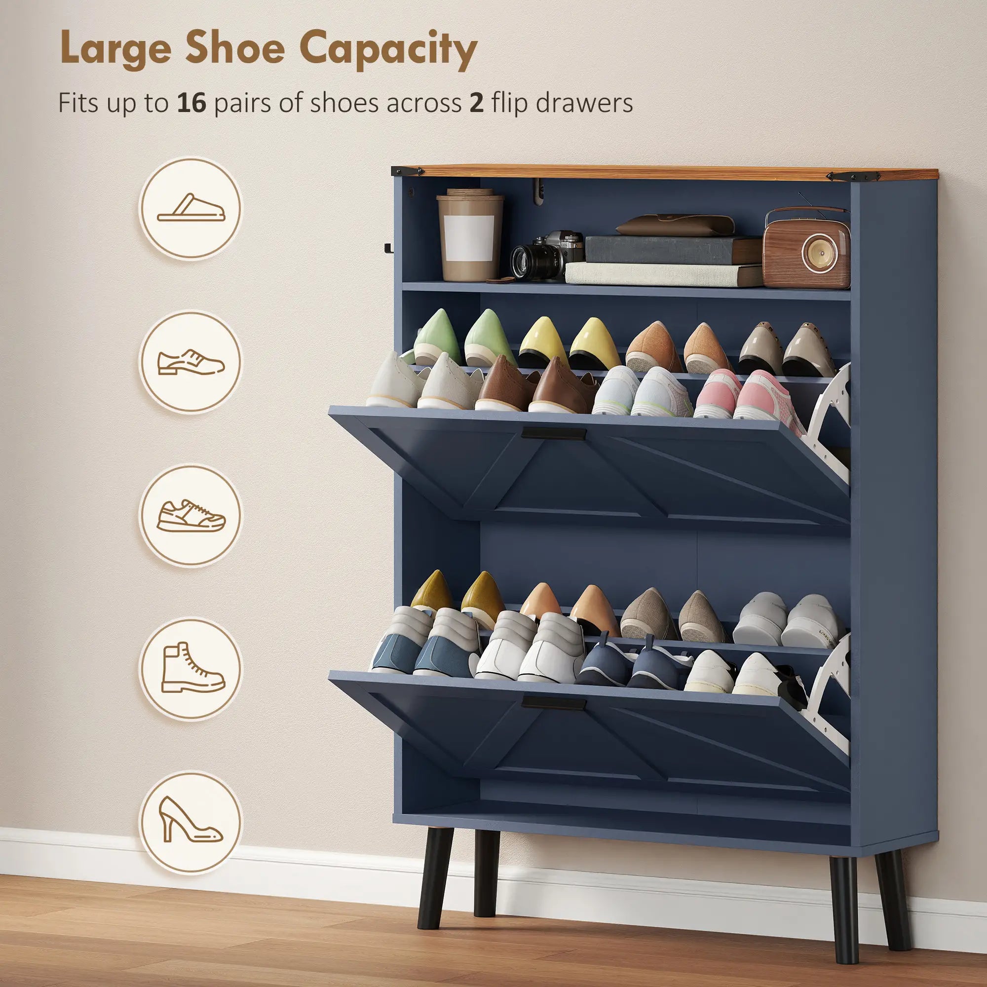 Shoe Storage Cabinet, 2 Flip Drawers, Farmhouse Narrow, Holds 16 Pairs, Blue Shoe Storage Cabinets & Racks at Gallery Canada