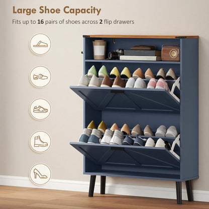Shoe Storage Cabinet, 2 Flip Drawers, Farmhouse Narrow, Holds 16 Pairs, Blue Shoe Storage Cabinets & Racks at Gallery Canada