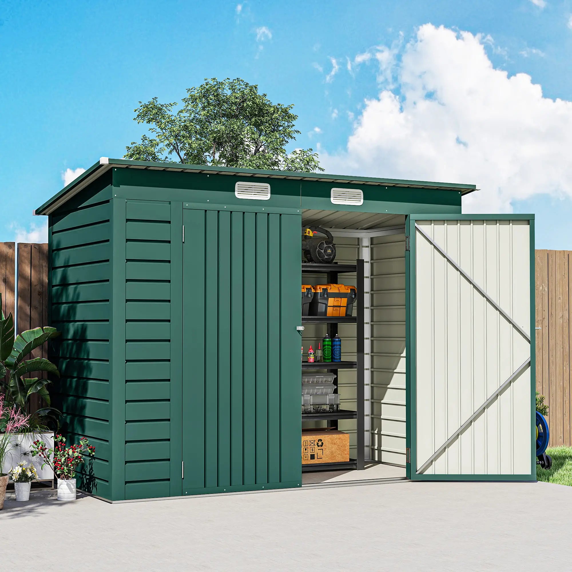 8 x 4FT Galvanized Metal Garden Shed, Double Doors, 2 Vents, Green Sheds at Gallery Canada