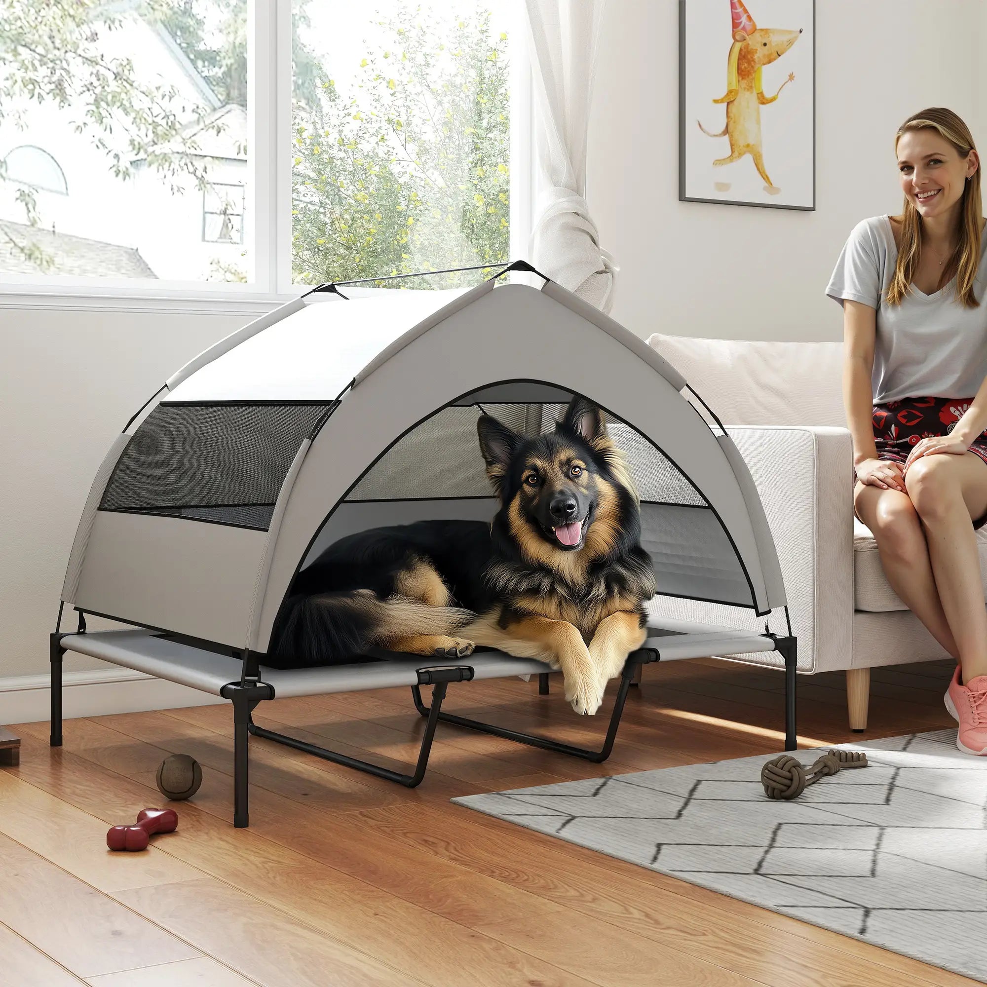 Elevated Dog Bed With Removable Canopy, Portable Pet Cot, 48