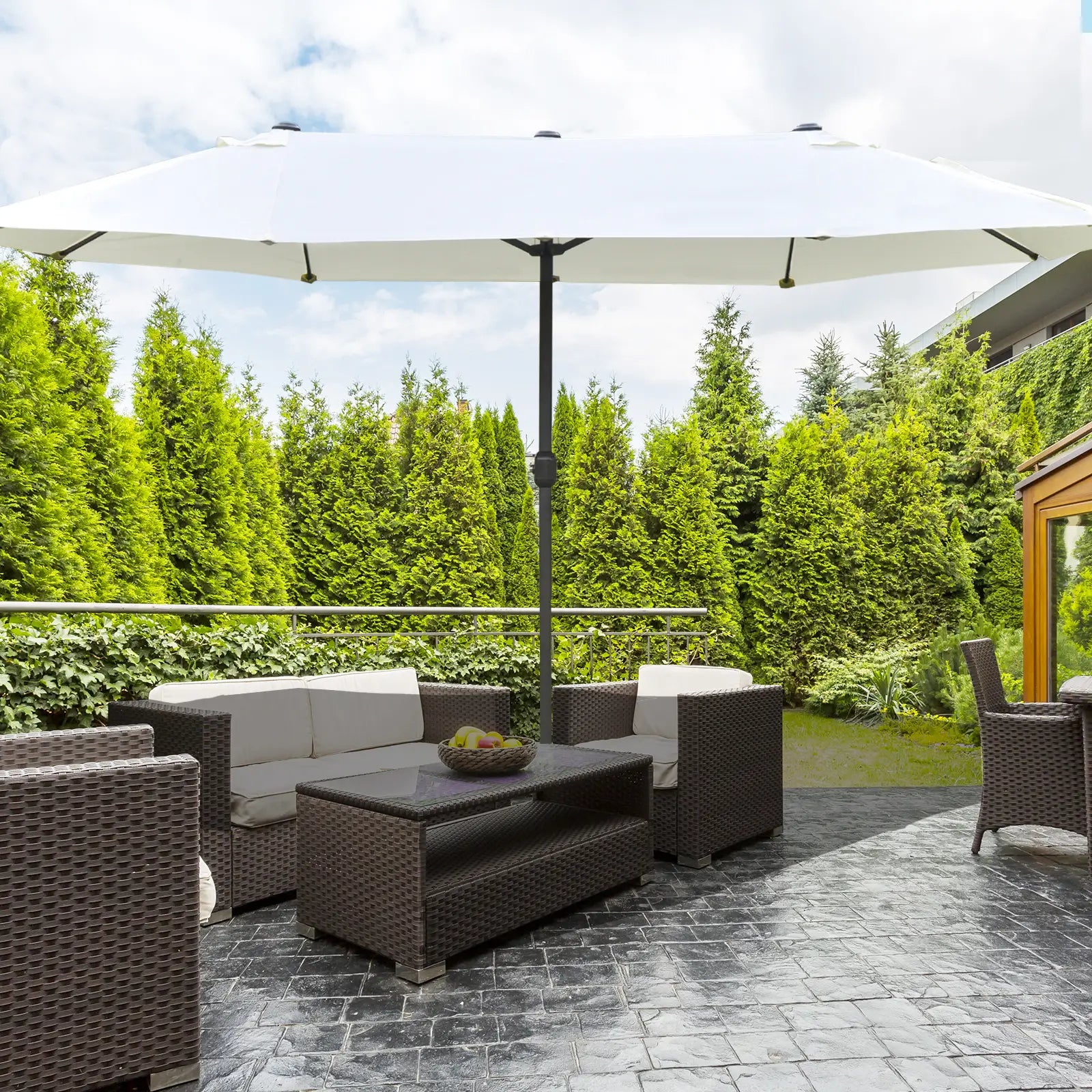 15' Outdoor Patio Umbrella, Twin Canopy Sunshade, Steel Table, Beige Sun Umbrellas at Gallery Canada