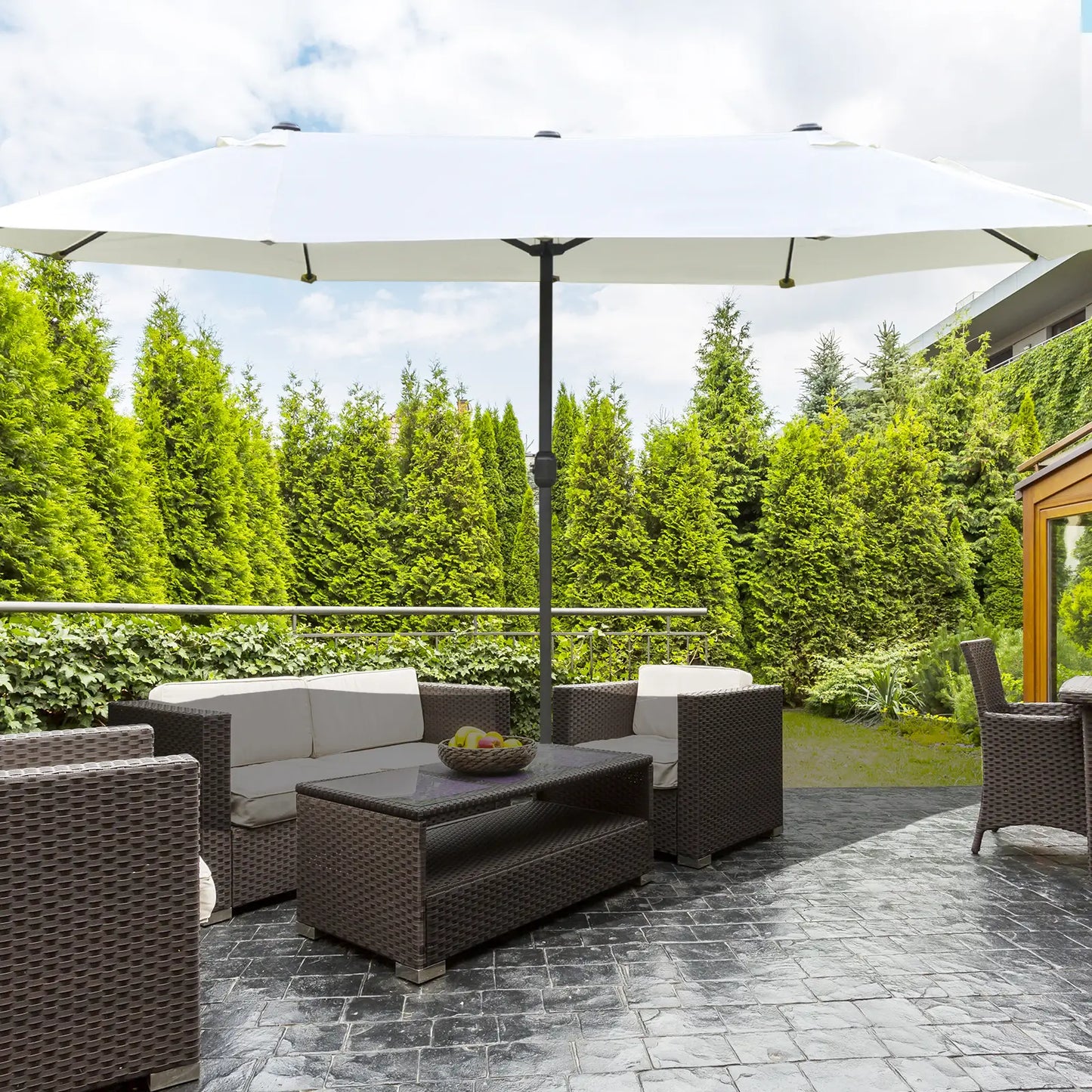 15' Outdoor Patio Umbrella, Twin Canopy Sunshade, Steel Table, Beige Sun Umbrellas at Gallery Canada