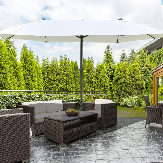 15' Outdoor Patio Umbrella, Twin Canopy Sunshade, Steel Table, Beige Sun Umbrellas Beige at Gallery Canada