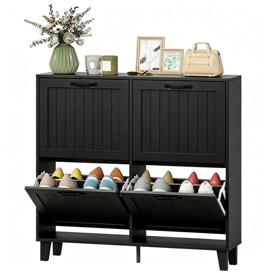 Shoe Cabinet with 4 Flip Drawers, Freestanding Narrow Shoe Storage Cabinet with Adjustable Shelves, Open Back, Black Shoe Storage Cabinets & Racks Black at Gallery Canada