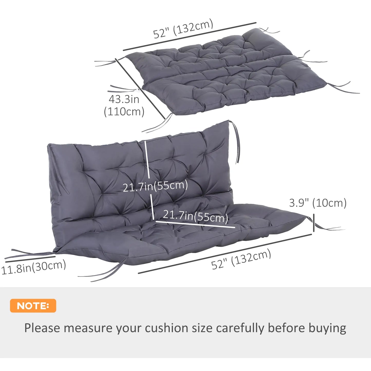 2 Seater Garden Bench Cushion, Thick Outdoor Non-Slip, 52" x 43" x 4", Dark Grey Patio Chair Cushions at Gallery Canada