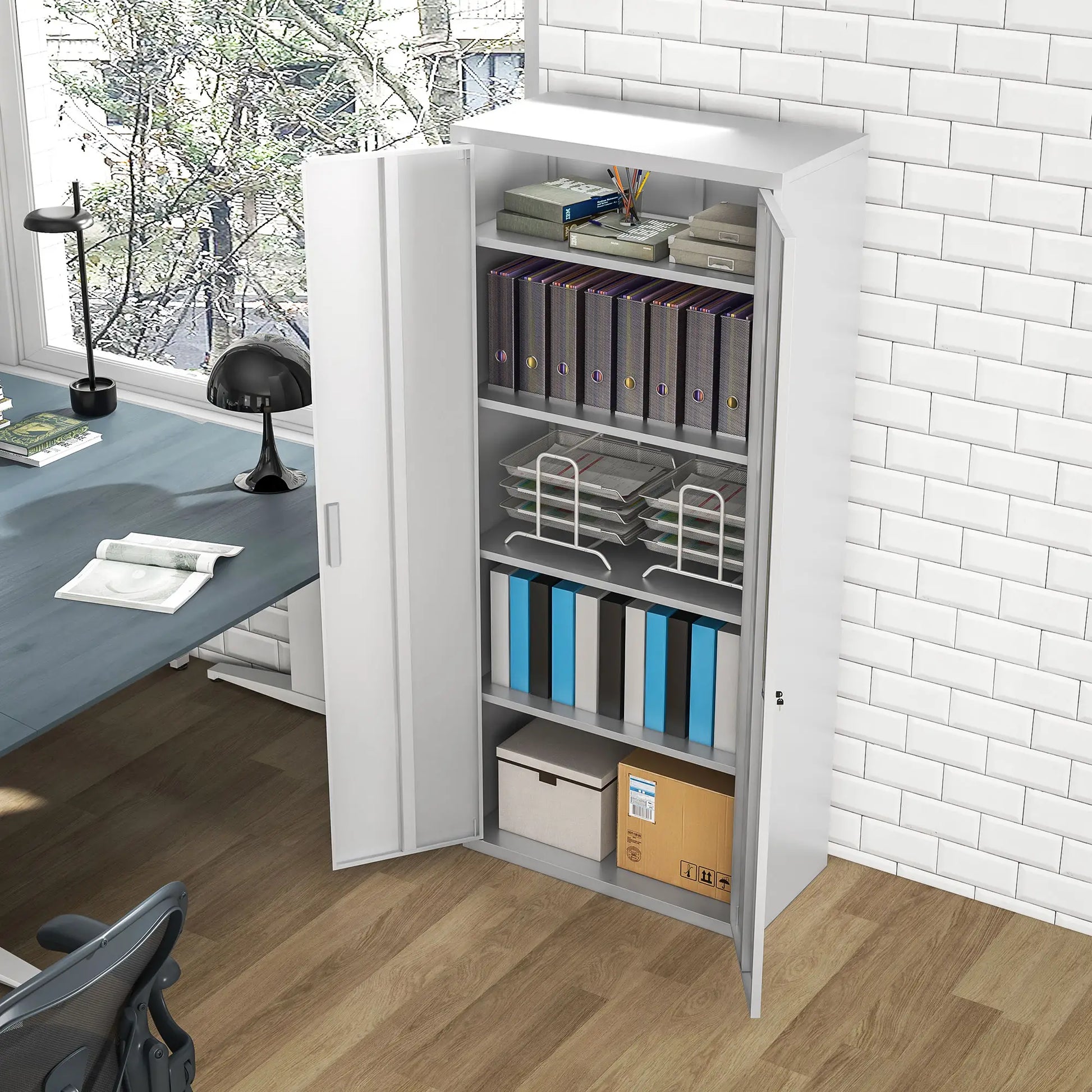 71" Tall Garage Cabinet, Metal Storage, 2 Doors, 4 Adjustable Shelves, White Office Cabinets & Cupboards at Gallery Canada