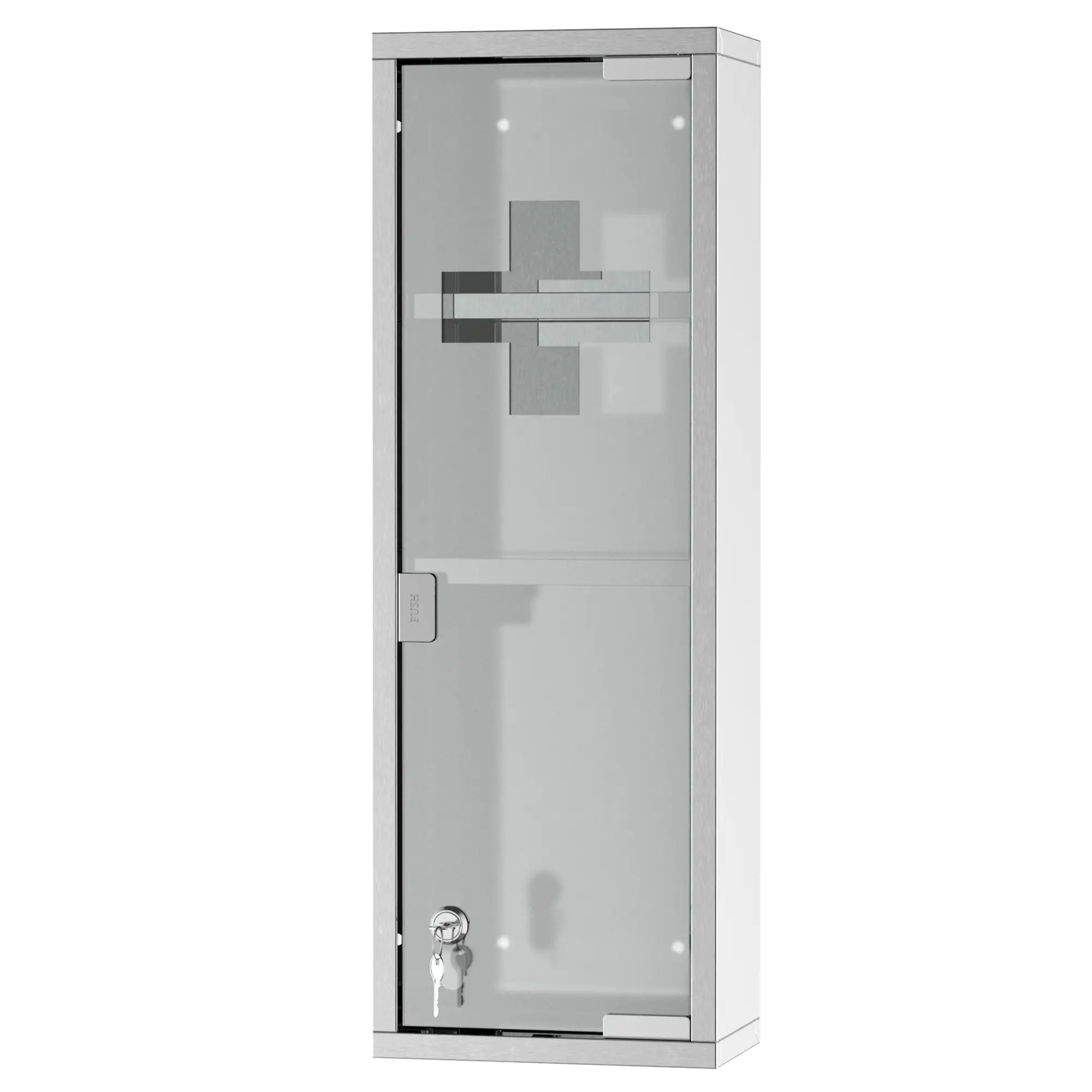 Wall Mount Medicine Cabinet, 3 Tier Shelves, Stainless Steel Frame, Glass Door, Lockable, 8