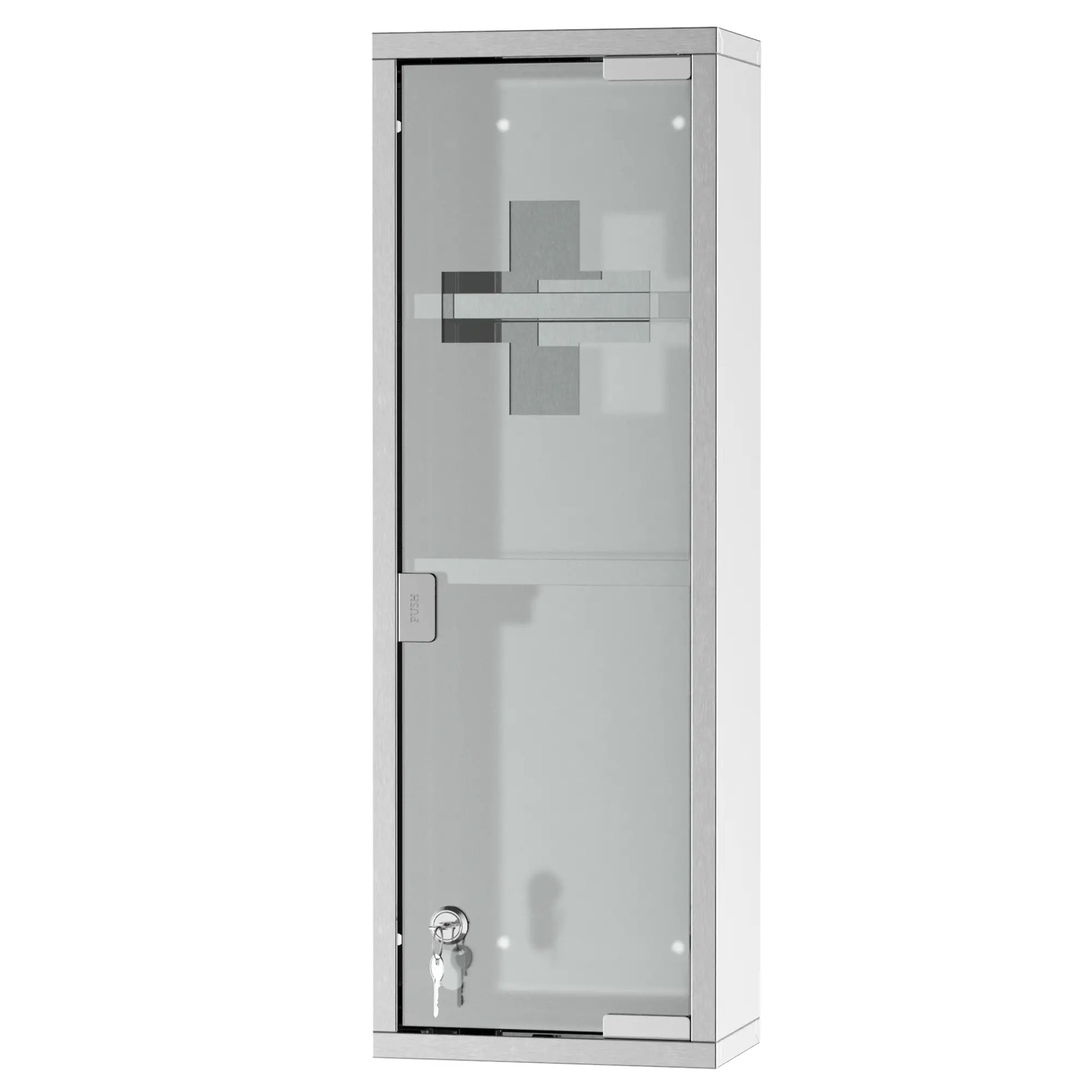 Wall Mount Medicine Cabinet, 3 Tier Shelves, Stainless Steel Frame, Glass Door, Lockable, 8" x 23", Silver Mirror Medicine Cabinets at Gallery Canada