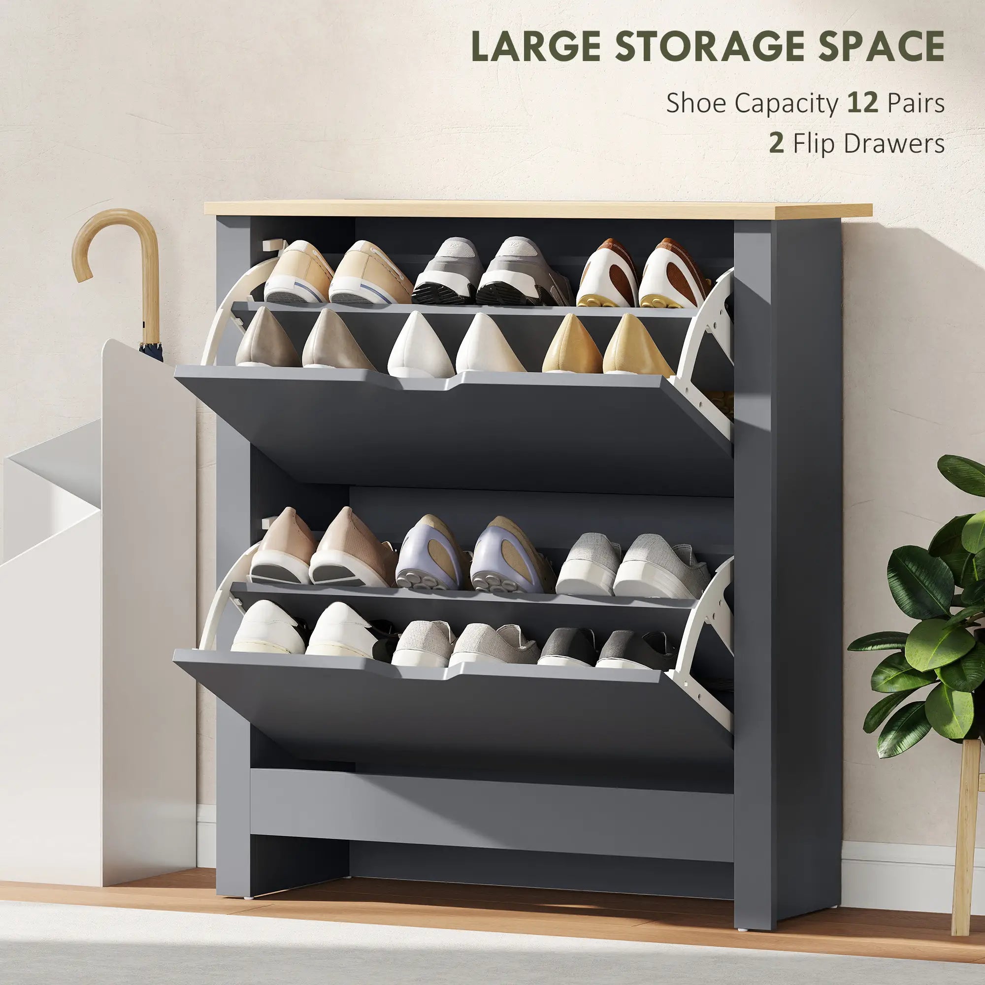 Shoe Storage Cabinet, 2 Flip Drawers, Adjustable Shelves, 12 Pairs, Dark Grey Shoe Storage Cabinets & Racks at Gallery Canada