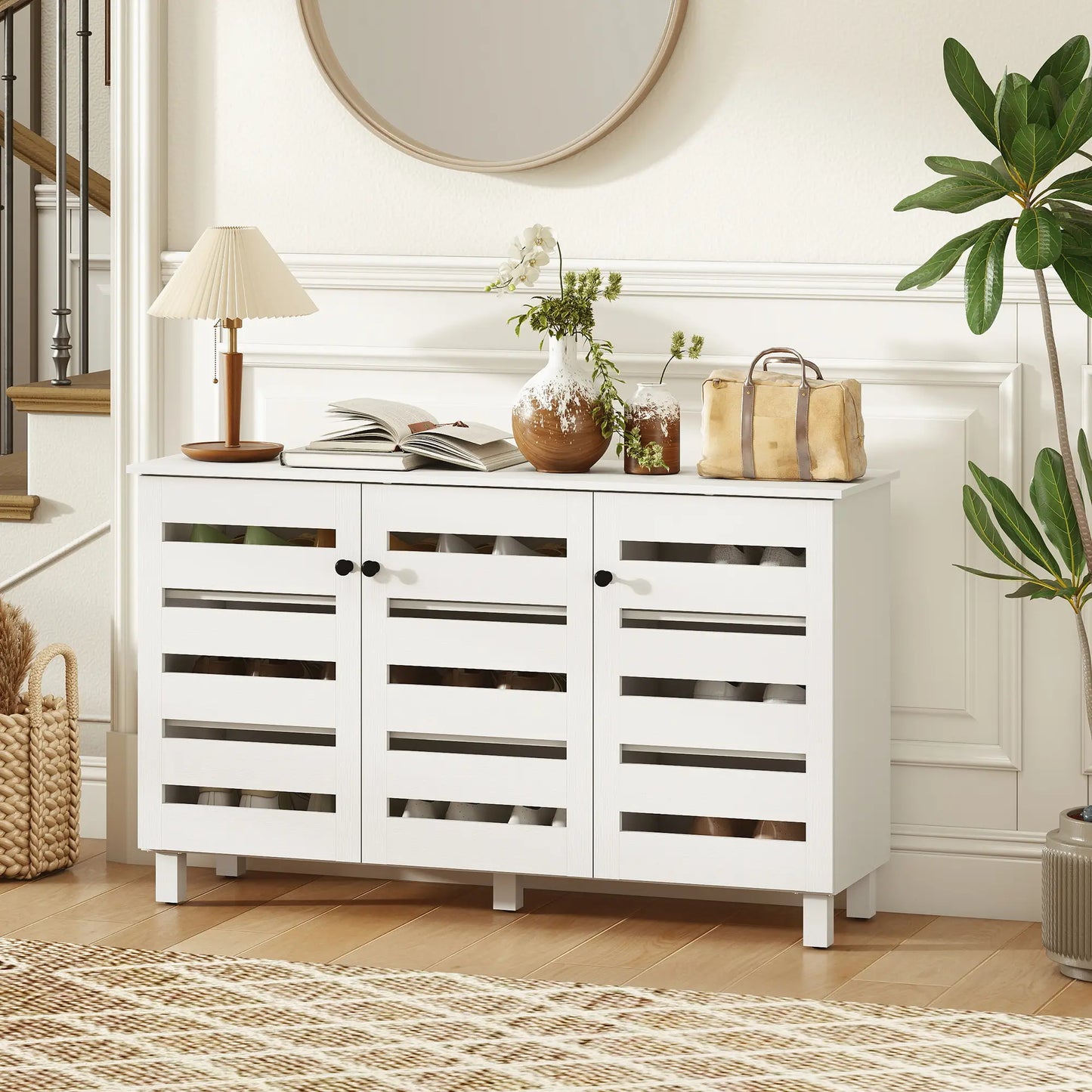 3-Door Shoe Cabinet, 3-Tier Adjustable Shelves For 15 Pairs, White
