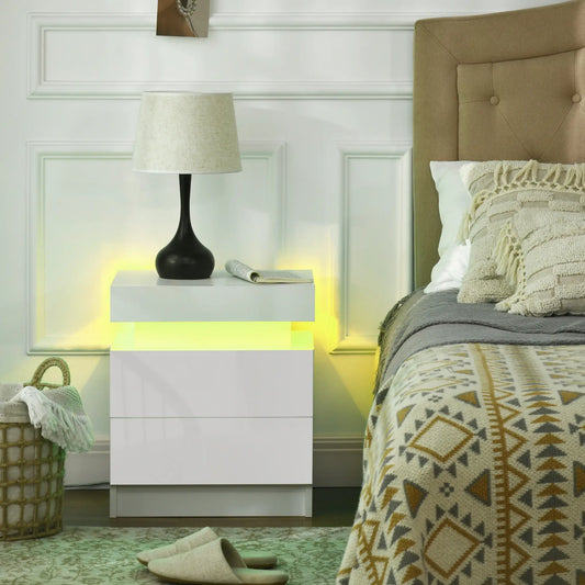 Nightstand with LED Lights, 2 Drawers, White Bedside Tables White at Gallery Canada