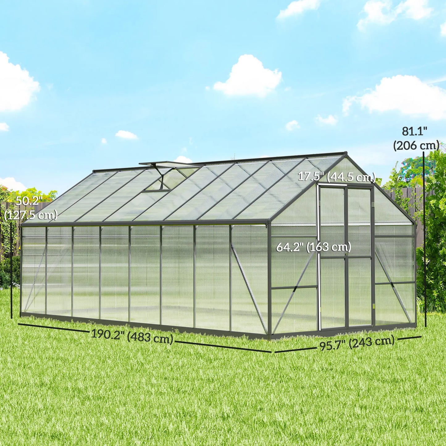 Polycarbonate Greenhouse, Walk-In With Windows, 8' x 16' x 7', Dark Grey