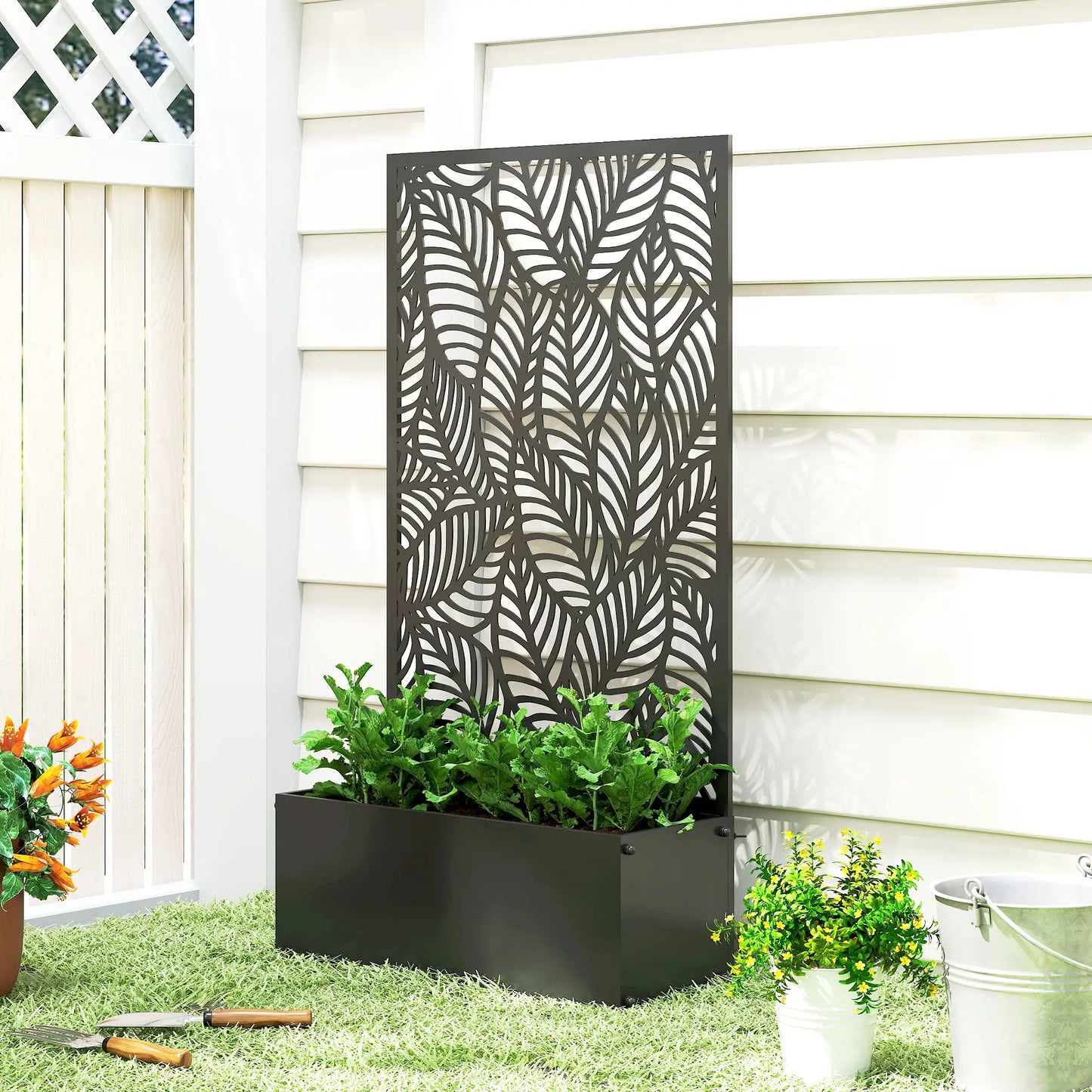 Metal Planter Box With Trellis, 44.5" Raised Garden Bed, Leaves Cut-Out Galvanized Planter Boxes at Gallery Canada