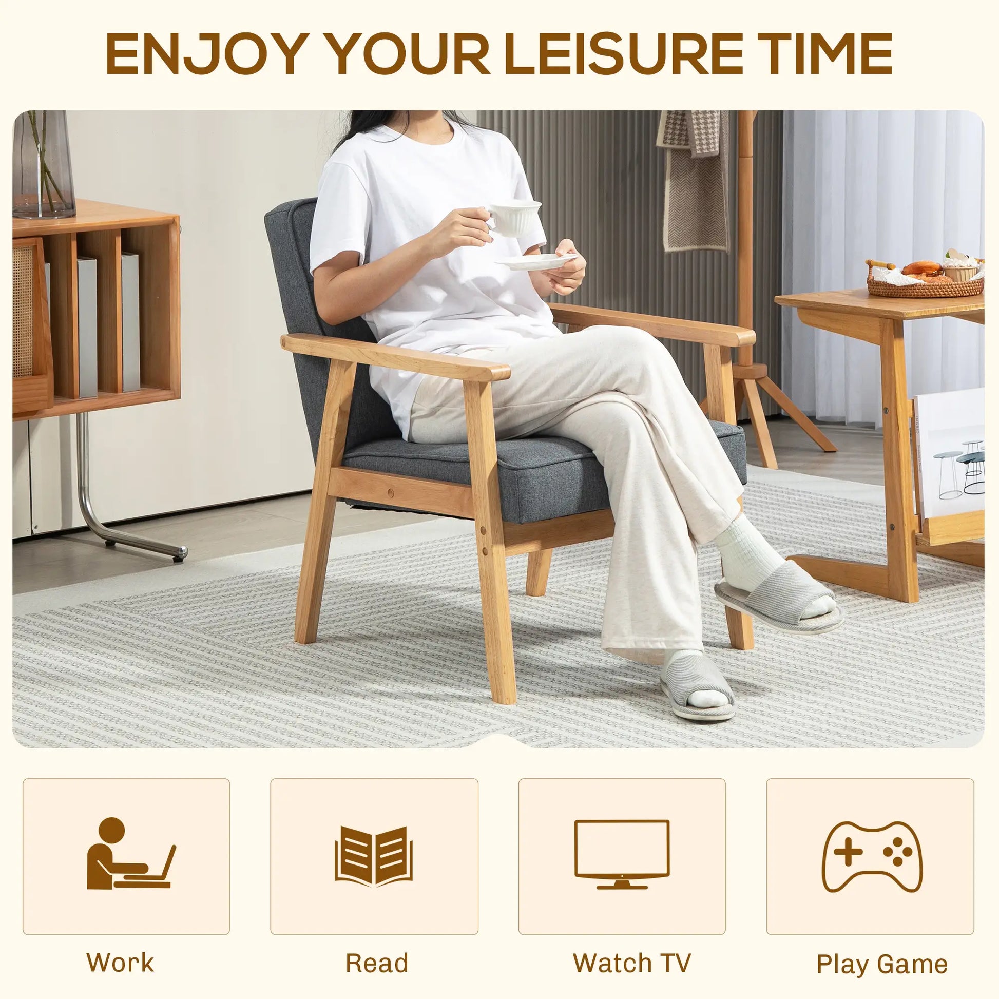 Modern Accent Chair with Button Tufted Back, Line-feel Fabric Armchair with Solid Wood Frame for Bedroom, Grey Accent Chairs at Gallery Canada