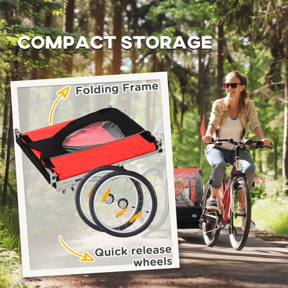 2-Seat Child Bike Trailer, Steel Frame, 5-Point Harness, Red