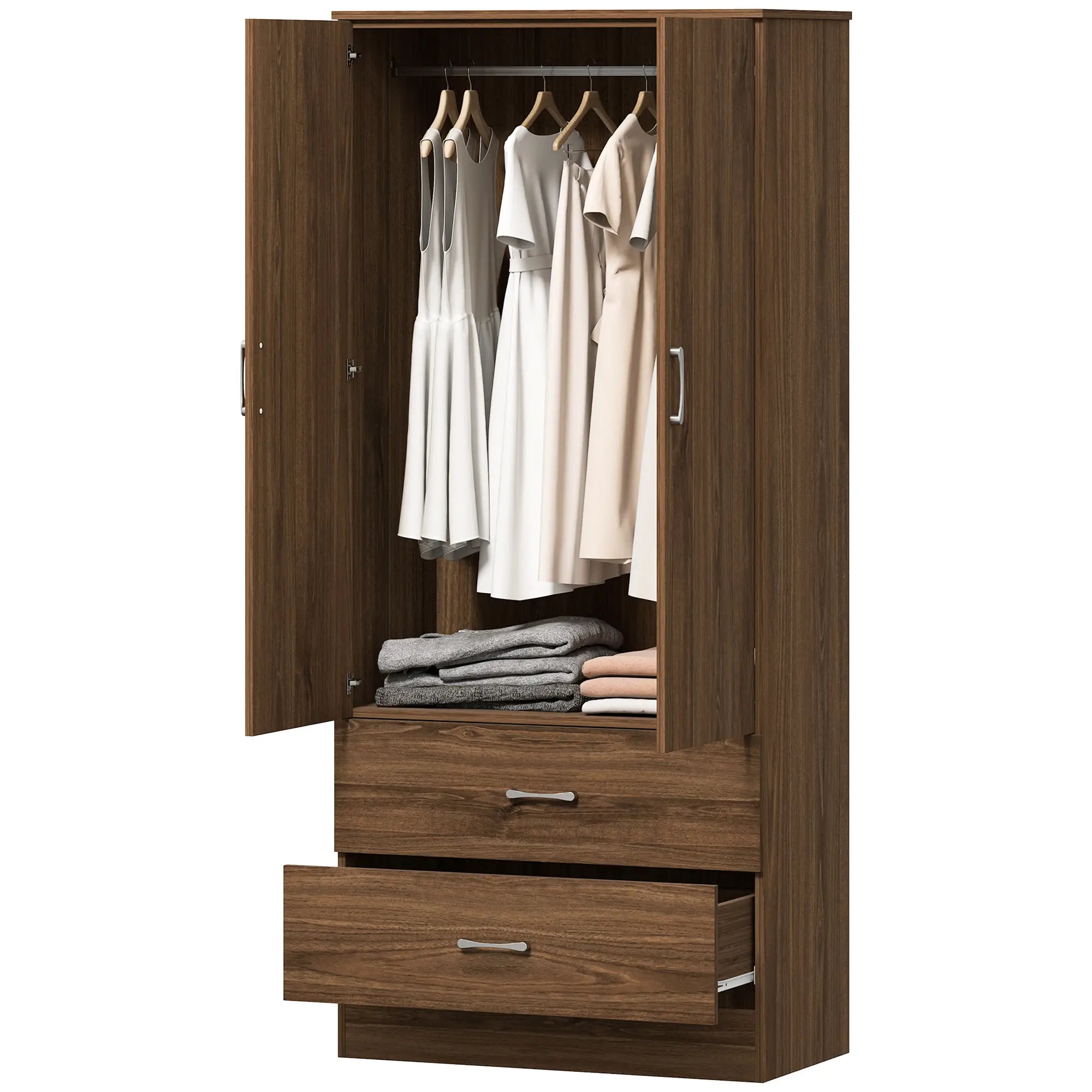 Wardrobe Closet, Hanging Rod, 2 Doors, 2 Drawers, Walnut Clothing Storage Walnut at Gallery Canada