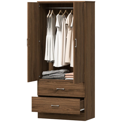Wardrobe Closet, Hanging Rod, 2 Doors, 2 Drawers, Walnut