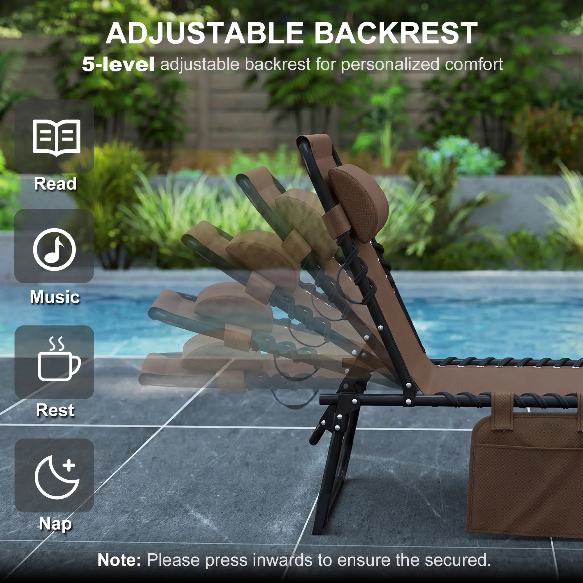 Outdoor Folding Chaise Lounge, Adjustable Backrest, Removable Pillow, Brown Lounger Chairs at Gallery Canada
