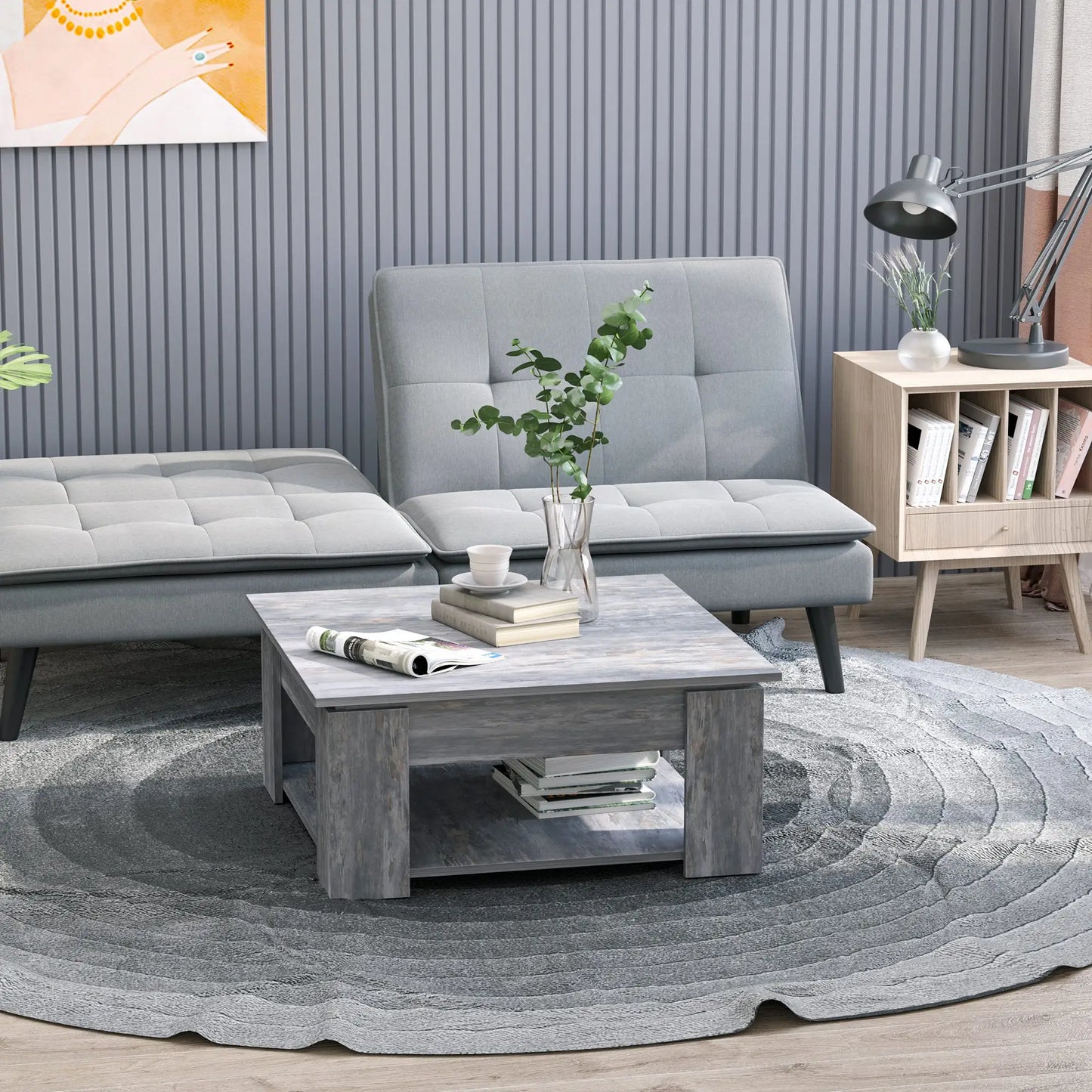 Modern Coffee Table with Storage, Square, Living Room, Grey