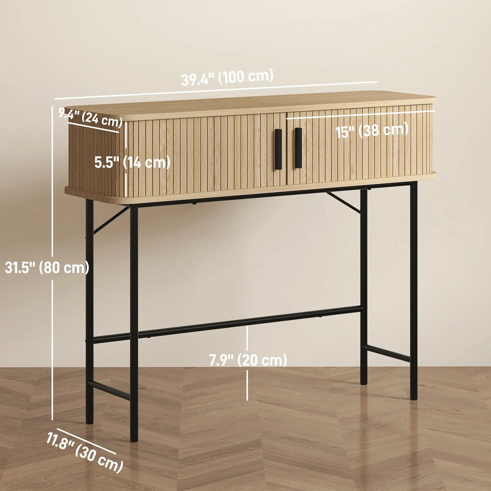 Mid-Century Narrow Console Table, Slatted Tambour Doors, Steel Legs, Oak, Black Console Tables at Gallery Canada