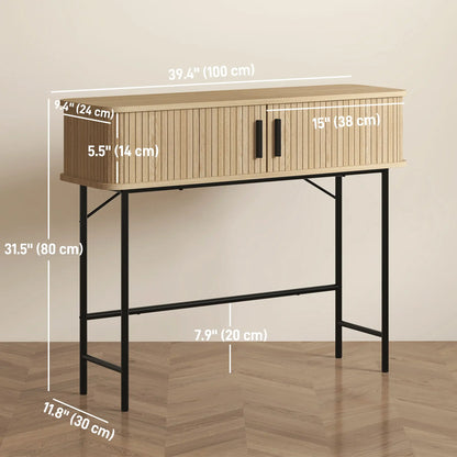 Mid-Century Narrow Console Table, Slatted Tambour Doors, Steel Legs, Oak, Black Console Tables at Gallery Canada