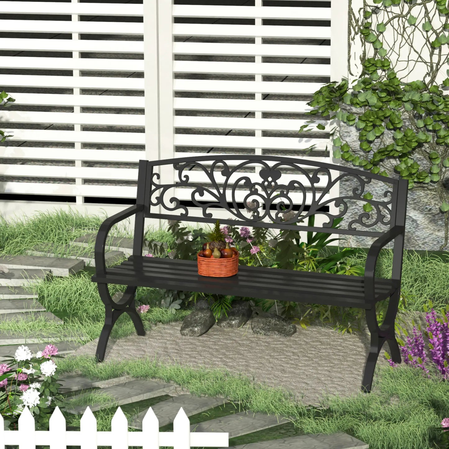 50" 2-Seater Garden Bench, Cast Iron Loveseat, Black Outdoor Benches at Gallery Canada