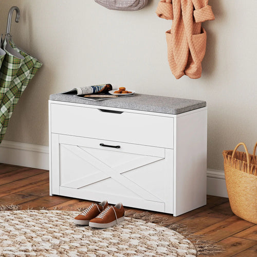 Shoe Storage Bench with Flip Drawer, Lift Top, Seat Cushion, White