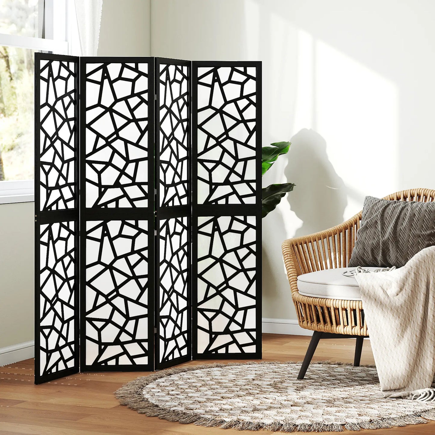 4 Panel Room Divider, 5.6 FT, Geometric Pattern Privacy Screen, Black