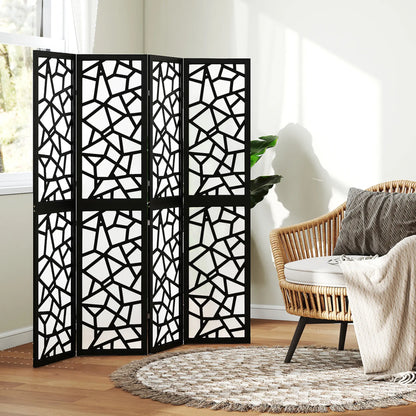 4 Panel Room Divider, 5.6 FT, Geometric Pattern Privacy Screen, Black