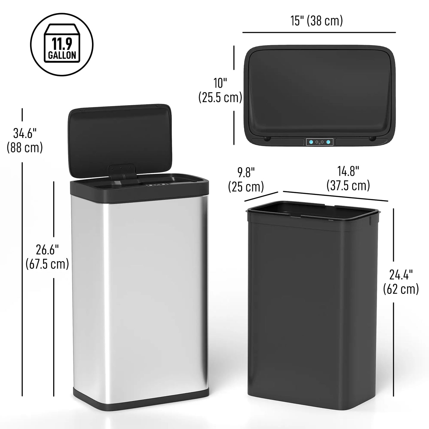 12 Gallon Sensor Can, Automatic Garbage Can, Stainless Steel, Silver