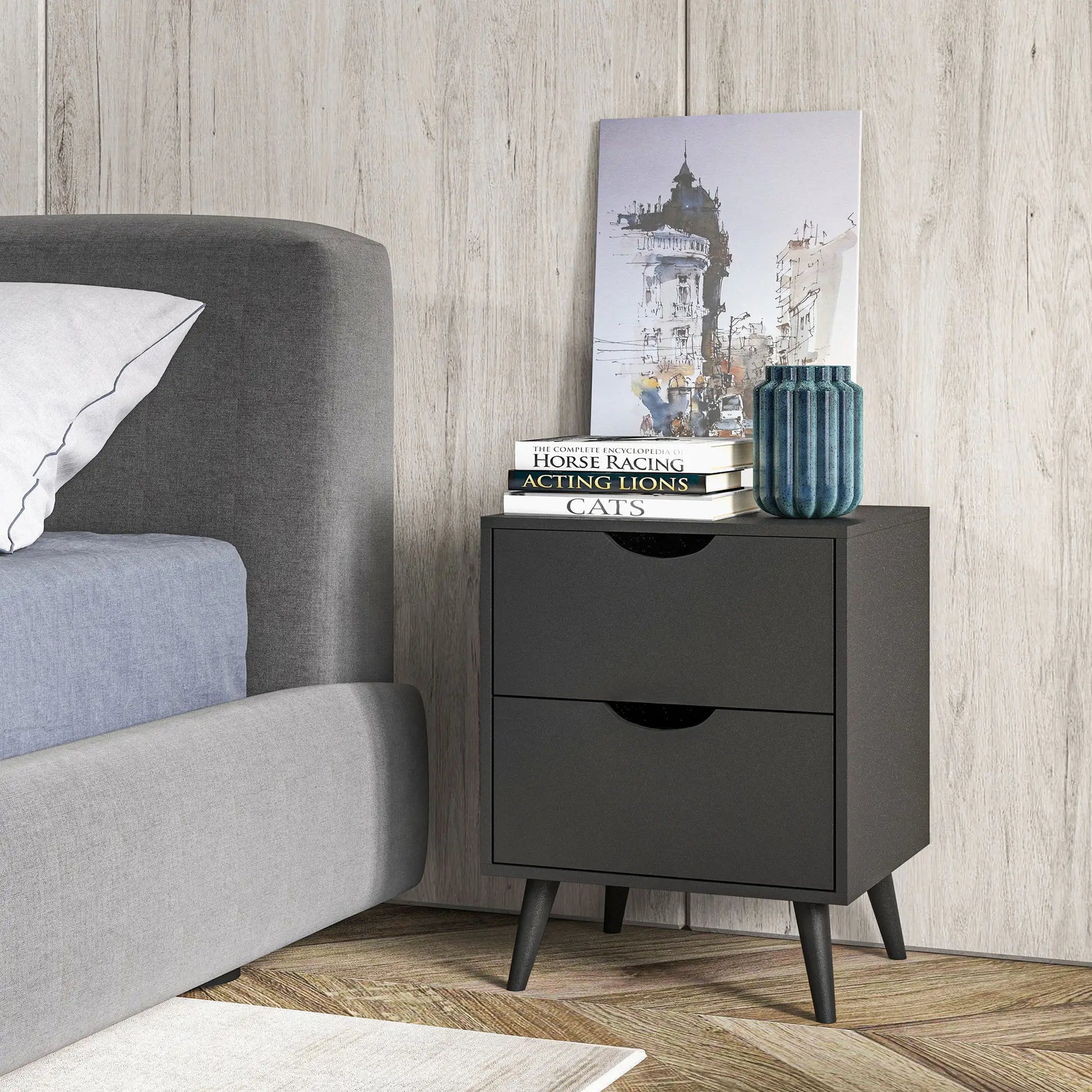 Modern Bedside Table, Nightstand with 2 Drawers, Pine Wood Legs, Black Bedside Tables at Gallery Canada