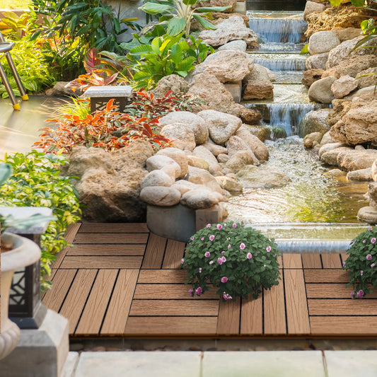Outdoor Tiles, 11 Pack 12" x 12" WPC Interlocking Deck Tiles Waterproof and Non-slip Deck Tiles Teak at Gallery Canada