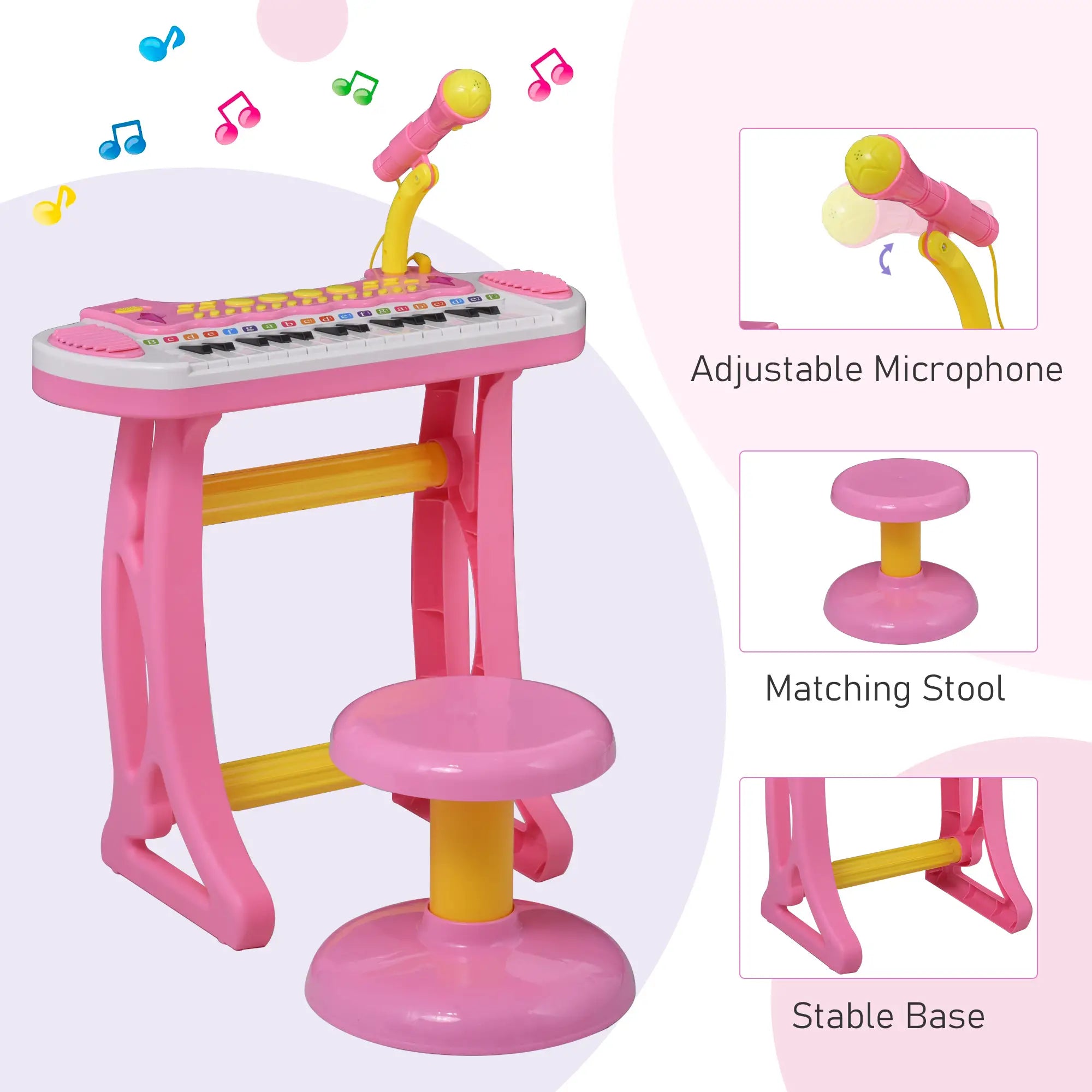 Kids Toy Piano Keyboard, Sitting Stool, Microphone, Flashlight, Pink Electronic Musical Pianos at Gallery Canada