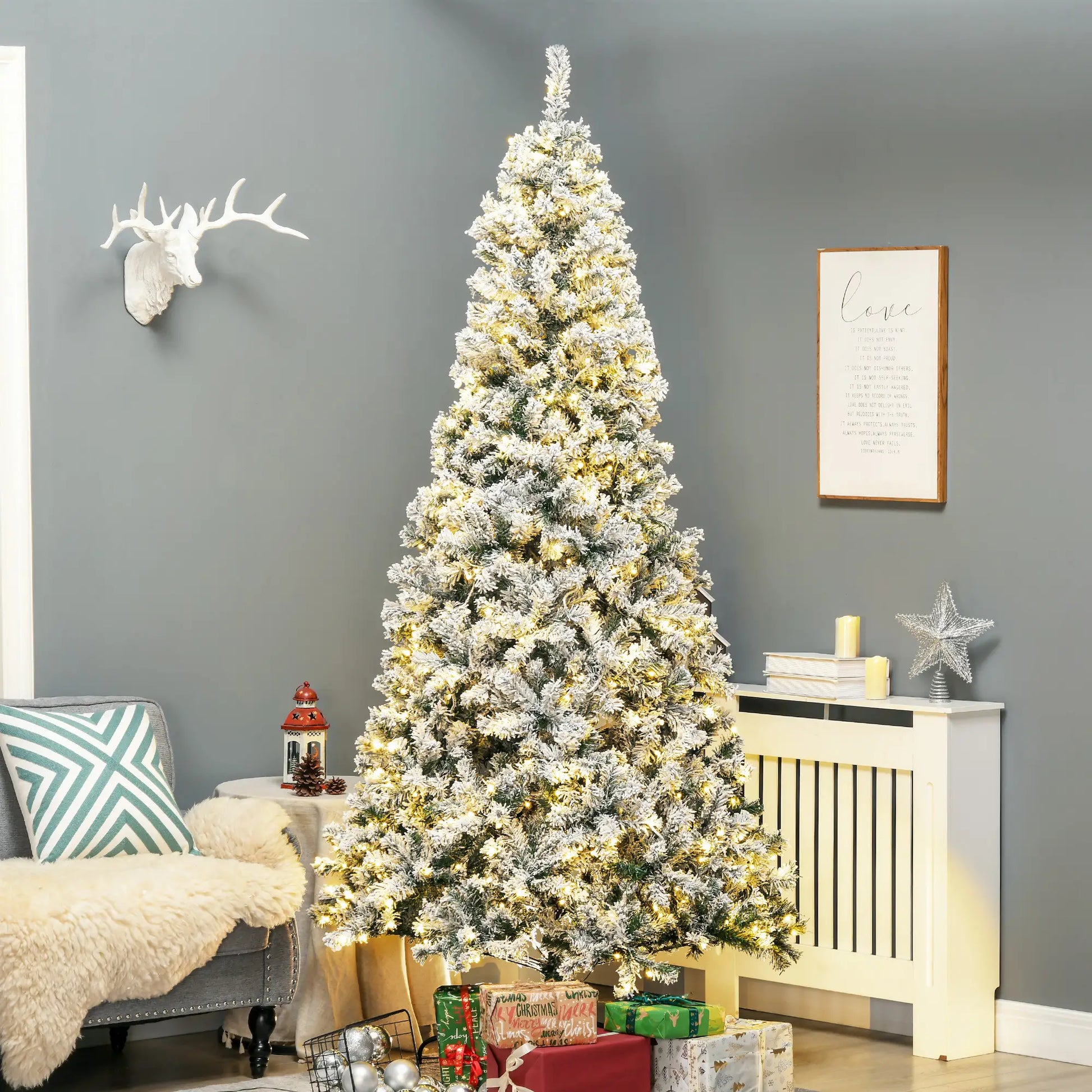 7.5ft Prelit Artificial Christmas Tree, Snow Flocked, Metal Base, Warm White LED Pre Lit Christmas Trees at Gallery Canada