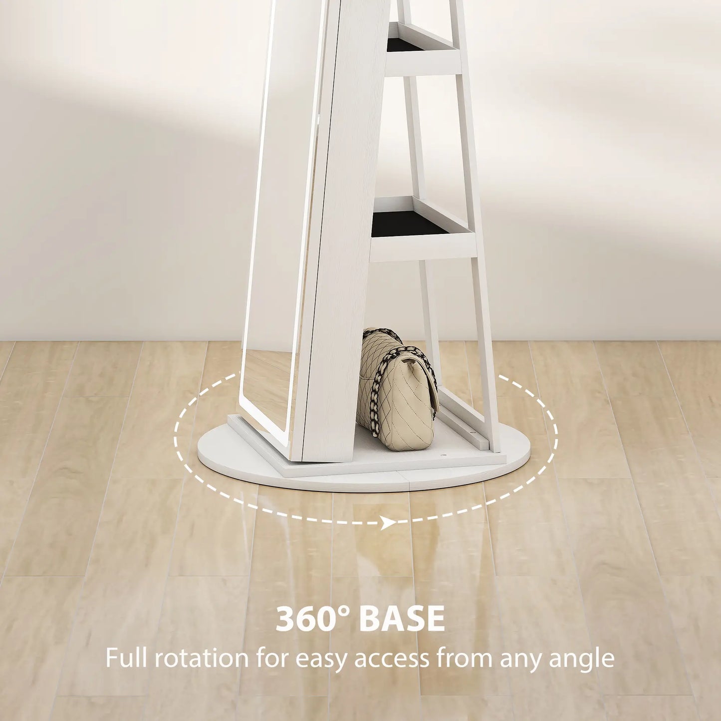 360° Swivel Jewelry Cabinet, Full Length Mirror, Lockable, LED Lights, White Jewelry Armoire & Jewellery Mirror Cabinets at Gallery Canada