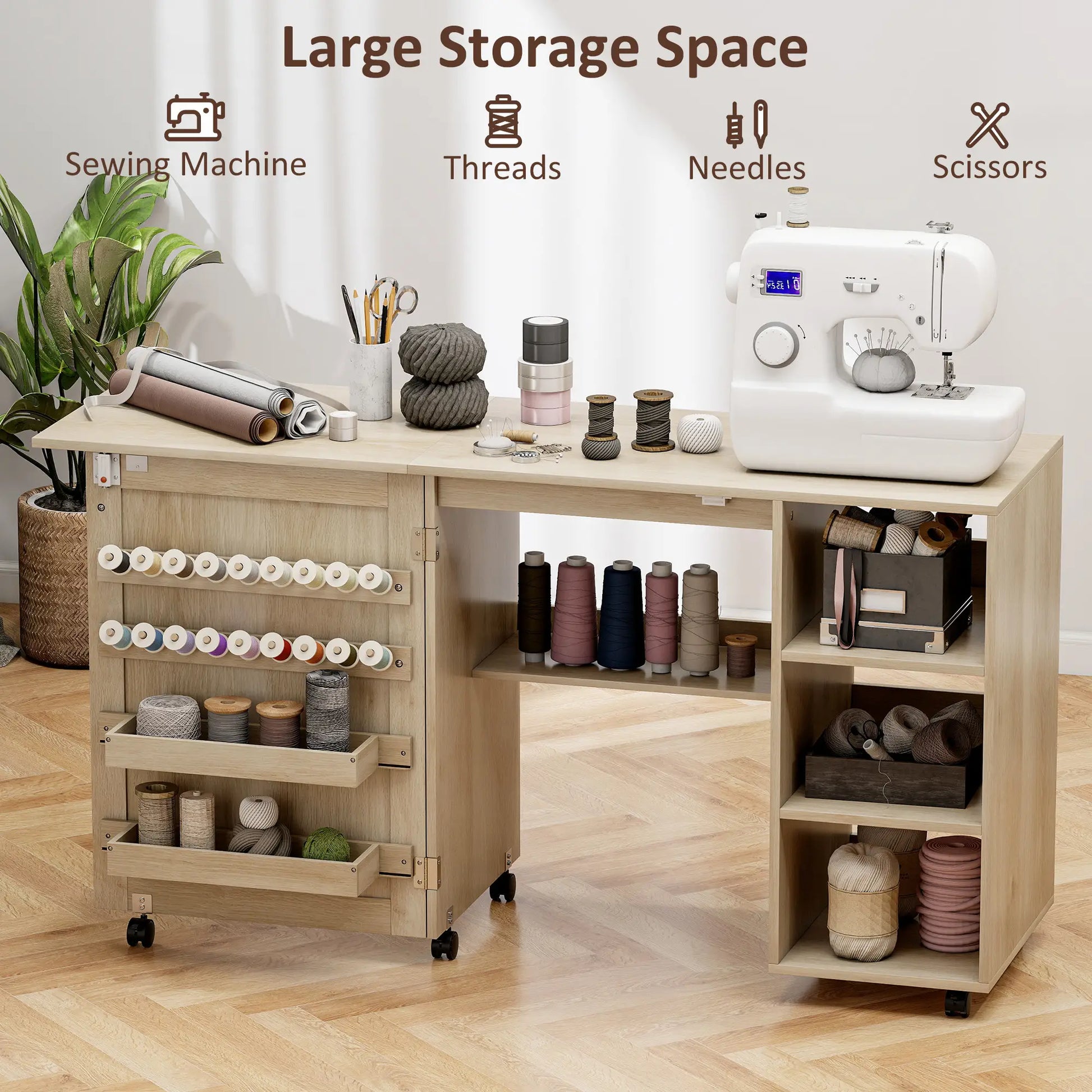 Sewing Machine Table with Drop Leaf, Rattan Door, Storage Shelves, Natural Storage Cabinets at Gallery Canada